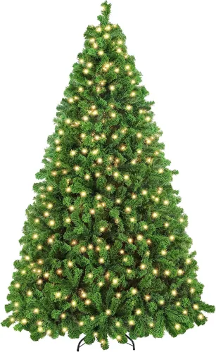 Vista 22 de Yaheetech - Árbol artificial de Navidad preiluminado de 9 pies con luces incandescentes de color blanco cálido, árbol de Navidad con flecos de Verde
