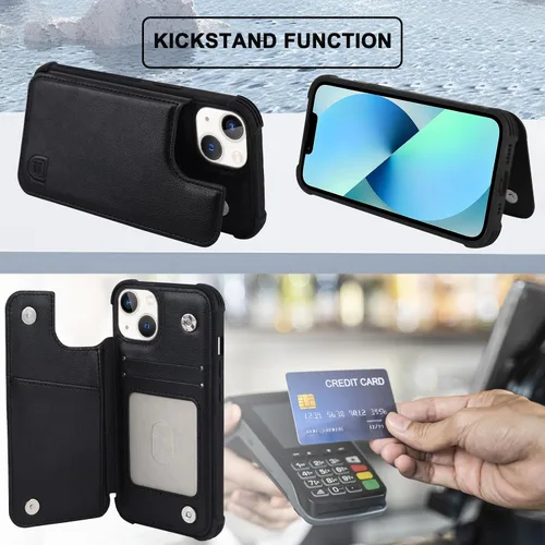 Vista 5 de VANAVAGY Funda tipo cartera compatible con iPhone 13 Mini para mujeres y hombres, funda de piel sintética con tapa para teléfono compatible con Negro