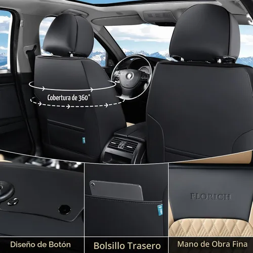Vista 2 de FLORICH Fundas de asiento, juego completo de fundas de asiento de automóvil, fundas de asiento de cuero de napa de lujo, transpirables e Negro