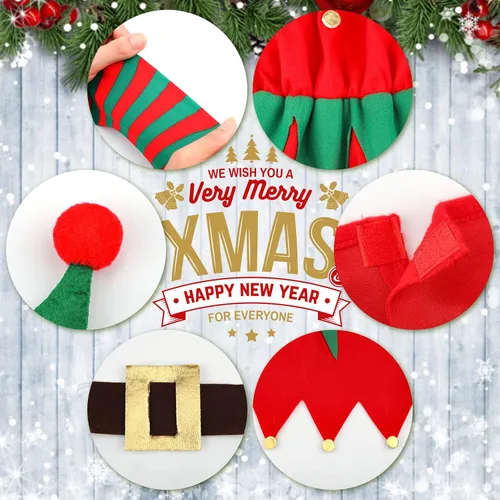 Vista 6 de Conjunto de disfraz de elfo de Navidad para mujeres y niñas, incluye sombrero de elfo, vestido de Papá Noel, medias a rayas, cinturones para adultos