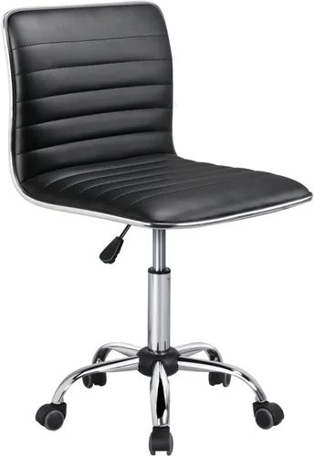 Vista 12 de Yaheetech White Armless Vanity Desk Chair with Wheels, Ribbed PU Leather Blanco