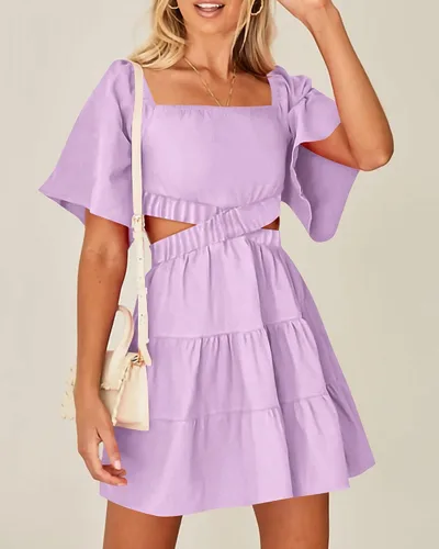 Vista 2 de BTFBM Vestidos de verano para mujer, cuello cuadrado, manga corta, recorte, cintura cruzada, casual, para fiesta, escalonado, mini vestido