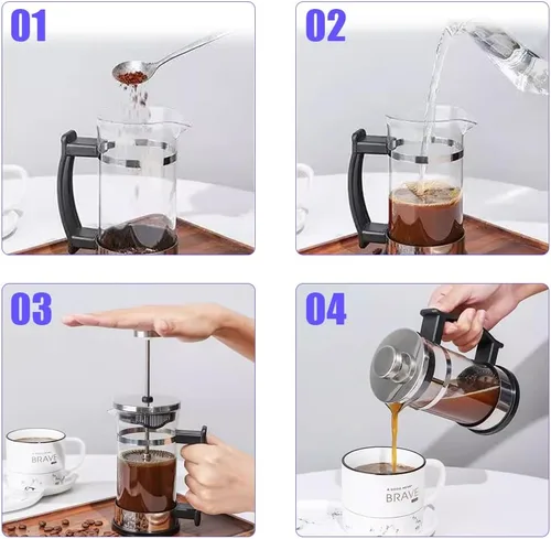 Vista 7 de Joyzan Cafetera de prensa francesa, cafetera de acero inoxidable resistente al calor, máquina de té de infusión en frío, grosor de vidrio