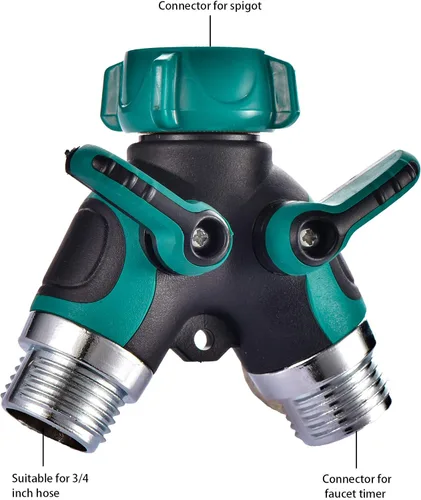 Vista 3 de Divisor de manguera de 2 vías en Y conector con cómodo agarre de goma y parte superior giratoria de 360 ° de conexión rápida para manguera de Verde