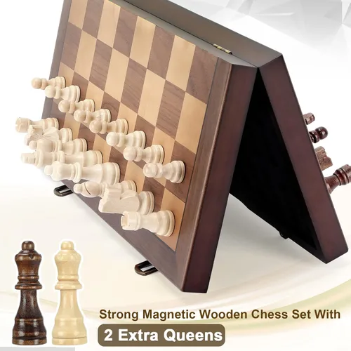 Vista 7 de Juego de ajedrez de madera magnética para adultos y niños, tablero de ajedrez de 12" con piezas hechas a mano, juego de ajedrez plegable y portátil