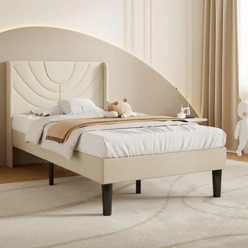 Vista 6 de VECELO Marco de Cama Tamaño Twin Plataforma Tapizada con Cabecera de Tela Ondulada/Soporte de Listones de Madera/No Necesita Somier/Base de Colchón