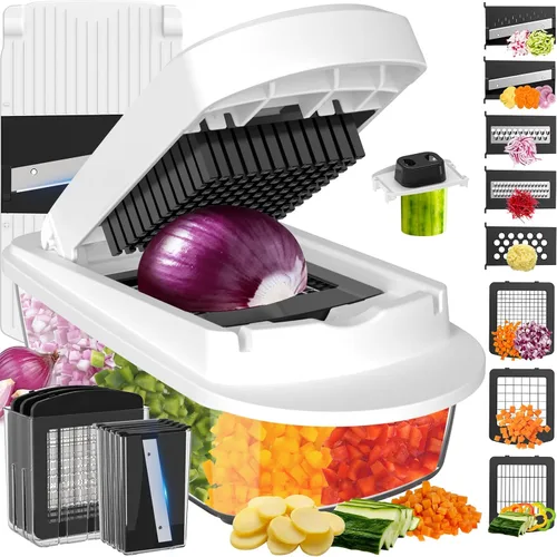 Vista 11 de Picador de verduras todo en uno de 8 cuchillas con contenedor, picador de alimentos, picador de cebolla, cortador de verduras para ensalada, Negro