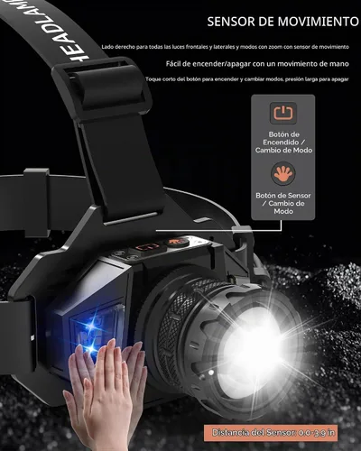 Vista 4 de Linterna frontal recargable con zoom y luz lateral roja, 4000LM con sensor de movimiento, luces de 3 colores, IP65, impermeable, 90°, ajustable