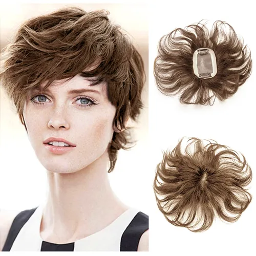 Vista 9 de Extensiones de cabello humano con base monofónica tejida a mano, 7 pulgadas, cabello ondulado corto, 2.8 x 3.9 in, parte libre, área pequeña De