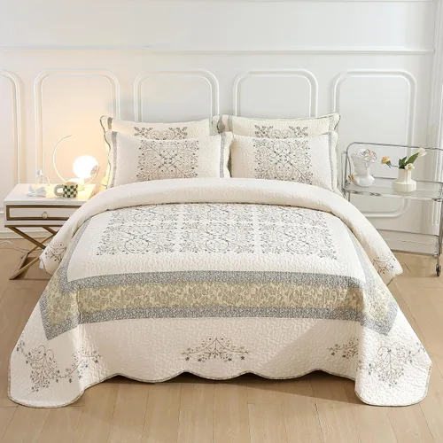 Vista 3 de vctops Elegante juego de edredón bordado de retazos de granja tamaño matrimonial/queen colcha cubrecama reversible juego de ropa de cama de algodón