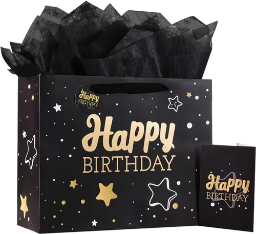 Vista 36 de Powbrace Bolsa de regalo de cumpleaños número 30 negra de 13 pulgadas con papel de seda y tarjeta de felicitación para fiestas, bolsa de regalo