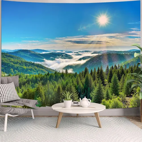 Vista 5 de Zussun Tapiz de Bosque Natural de Montaña Tapiz Verde de Pino Luz Solar Selva para Dormitorio Estético Planta Paisaje de Montaña Tapices Pequeños