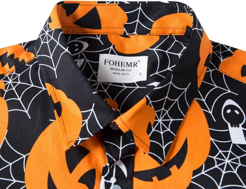Vista 3 de fohemr Camisa divertida de Halloween para hombre, diseño de calabaza fea, manga larga, casual, con botones, disfraz de adulto para fiesta
