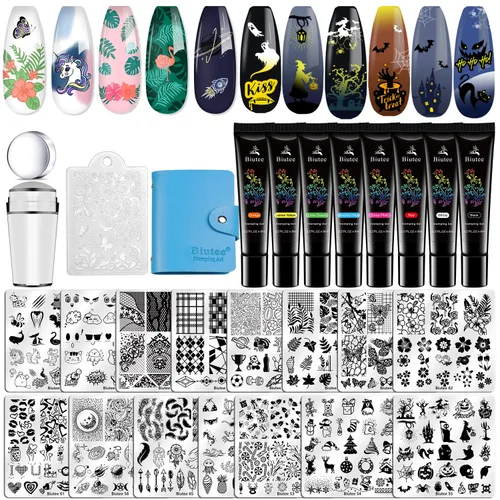 Vista 18 de Biutee - Juego de 10 placas de estampado de uñas, diseño de Halloween, kit de estampado de uñas 14 piezas