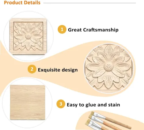 Vista 2 de 10 piezas decorativas de madera tallada con flores onlays, 2.4 x 2.4 pulgadas sin pintar, calcomanía cuadrada de madera maciza sin pintar