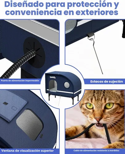 Vista 7 de Casa climatizada para gatos resistente a la intemperie para gatos al aire libre, refugio grueso estilo cámper con almohadilla térmica termostática