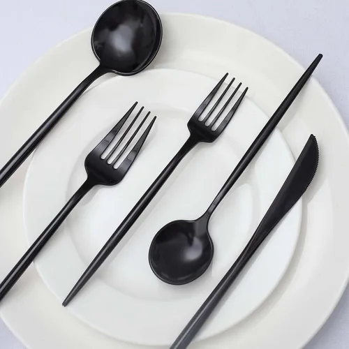 Vista 6 de Efavormart - Juego de cubiertos de plástico resistente, 50 unidades, color negro, cubiertos desechables elegantes