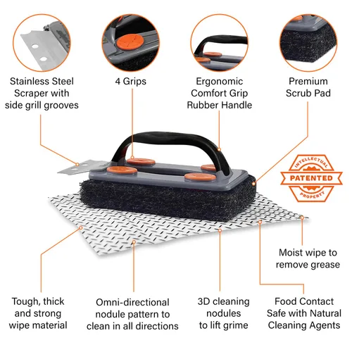 Vista 5 de Proud Grill Q-Swiper - Juego de limpiador de parrilla para barbacoa, 1 cepillo de parrilla con raspador y 25 toallitas de limpieza para parrilla