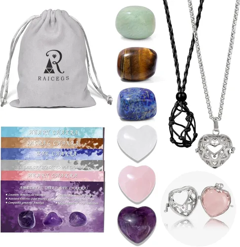 Vista 11 de Raicegs Heart Shaped Crystals and Healing Stones 7 Chakra Crystal Necklace 0.8 inch Heart Gemstones Natural Stones Necklaces for Women Spiritual