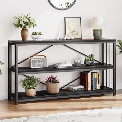 Vista 3 de LVB Mesa consola negra, mesa de entrada moderna para pasillo y sala de estar, mesa de sofá industrial detrás del sofá, mesa de entrada de madera
