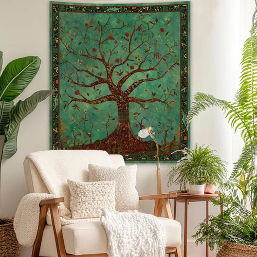 Vista 5 de Apdidl Tapiz Verde del Árbol de la Vida para Dormitorio, Colgante de Pared de Árbol Natural Estético, Tapices Bohemios Hippie Arte de Pared, Manta