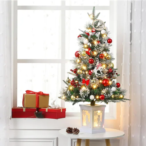 Vista 9 de Árbol de Navidad artificial preiluminado de 3 pies, árbol de Navidad de nieve flocada premium con LED blanco cálido, mini árbol de Navidad Base
