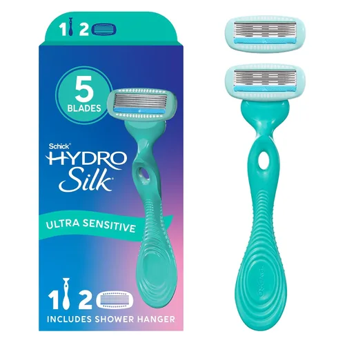 Vista 2 de Schick Hydro Silk Sensitive - Maquinilla de afeitar para mujer Maquinilla de afeitar de 5 hojas para piel sensible 1 mango y 2 repuestos