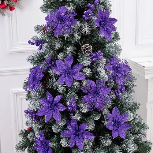 Vista 4 de 24 adornos de árbol de Navidad de flor de pascua con purpurina púrpura y tallos de bayas con purpurina, 16 flores artificiales de Navidad y 8 piezas