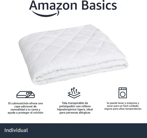 Vista 2 de Amazon Basics Protector de Colchón Acolchado Hipoalergénico, 18 Pulgadas de Profundidad, Individual, Blanco