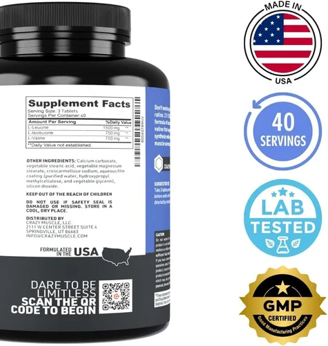 Vista 6 de Crazy Muscle Pastillas BCAA con la proporción perfecta 2:1:1 de aminoácidos de cadena ramificada suplemento – 1000 mg de BCAA por píldora