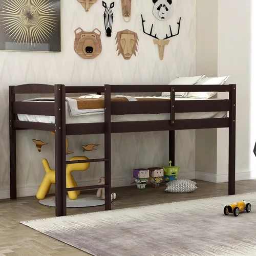 Vista 3 de Merax Junior's - Cama baja tipo loft baja de madera maciza para niños, no necesita somier (espresso)