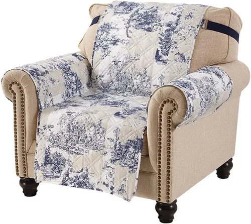 Vista 3 de Brilliant Sunshine Blue Toile Funda Acolchada con Quilted para Silla, 23 pulgadas de Ancho de Asiento, Protector de Muebles Antideslizante, Correa