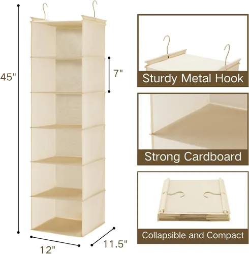 Vista 3 de MAX Houser Organizador colgante de armario de 6 niveles, estante colgante de tela con 2 ganchos resistentes para almacenamiento, plegable (beige)