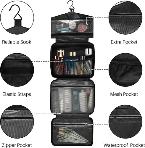 Vista 5 de Neceser para mujer, organizador de maquillaje de viaje con gancho para colgar, bolsas de cosméticos para mujeres y hombres, bolsa de viaje