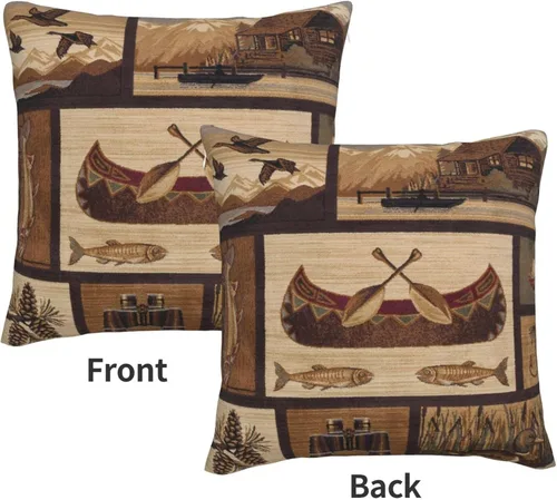 Vista 3 de Juego de 2 fundas de almohada cuadradas de 18 x 18 pulgadas, estilo retro, natural, cabaña, cisne, pez, pato, decoración para el hogar, sofá, fundas