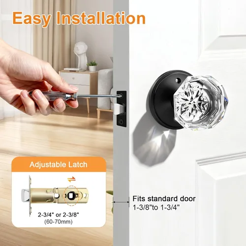Vista 5 de Gobrico Pomo de puerta de cristal para dormitorio y baño con roseta clásica negro mate, diamante transparente octogonal para puerta interior, 1