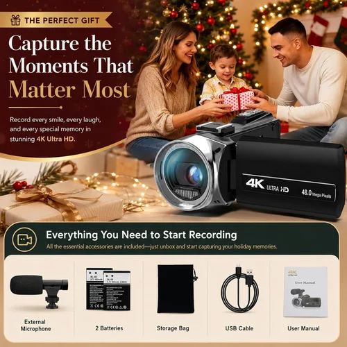 Vista 8 de Cámara de vídeo 4K 48MP para YouTube, videocámara compacta con micrófono