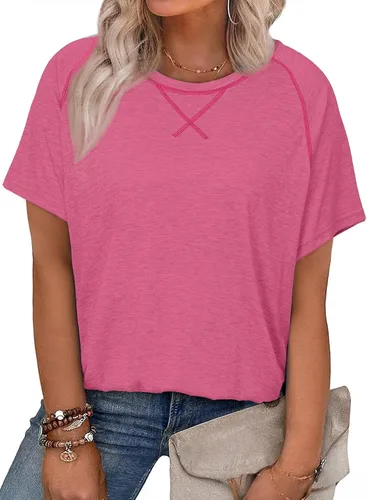 Vista 34 de Eytino Blusas de talla grande para mujer, cuello en V, manga corta, a rayas, casual, holgada, con bolsillo (1X-5X)