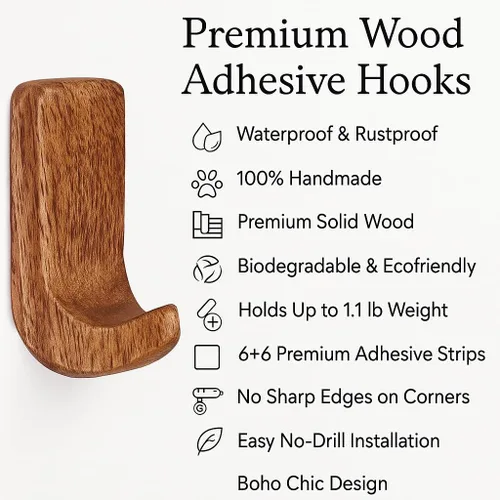 Vista 4 de Indian Shelf Ganchos decorativos de pared adhesivos de madera, ganchos bohemios sin daños para llaves, joyas, correas y accesorios ligeros, 6