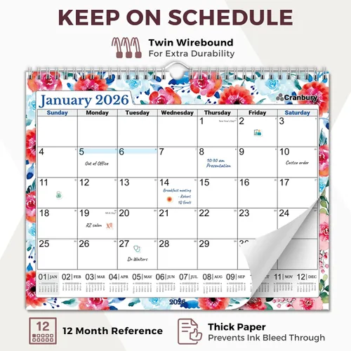 Vista 4 de CRANBURY 2026 Calendario de pared grande 12x15, calendario mensual floral colgante de 12 x 15 con grandes espacios diarios, enero–diciembre de 2026