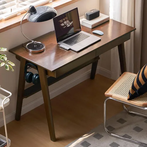 Vista 15 de Escritorio de madera maciza con acabado de nogal, escritorio pequeño para oficina en casa, escritorio de computadora para espacios pequeños