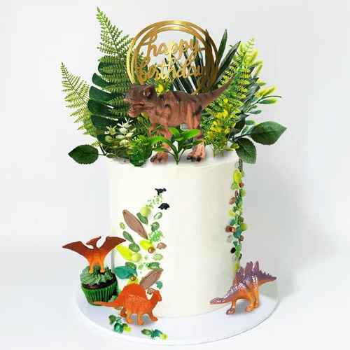 Vista 7 de Decoración de pastel de dinosaurio, plantas de selva, figuras de dinosaurio