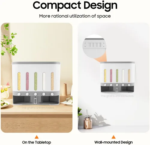 Vista 5 de Dispensador de arroz con taza, dispensador de alimentos secos de 5 rejillas montado en la pared, cubo de arroz, contenedor de almacenamiento