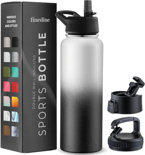Vista 11 de FineDine Botellas de agua aisladas de triple pared con popote, botella de metal de acero inoxidable de 25 onzas con 3 tapas a prueba de fugas