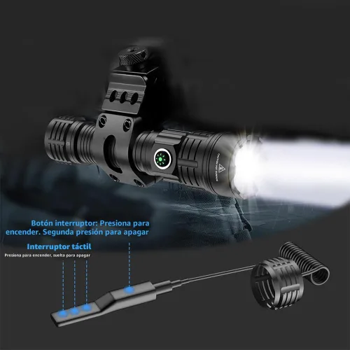 Vista 4 de Linterna táctica recargable USB tipo C de 6000 lúmenes, linterna LED con zoom impermeable con interruptor de presión, riel Picatinny