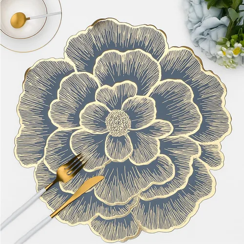 Vista 11 de Juego de 6 manteles individuales dorados con flores para mesa de comedor, manteles individuales redondos de vinilo prensado metálico de 15 pulgadas