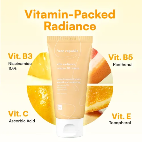 Vista 6 de Face Republic Vita Radiance Niacin 10 Cream 1.7 fl oz 1.69 fl oz Revitalizante, cobertura natural Niacinamida 10%, ácido ascórbico, pantenol