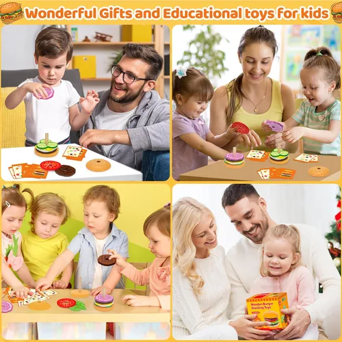 Vista 7 de Jumlys Montessori Juguetes de Madera Apilables de Hamburguesa para Niños de 2, 3, 4, 5 Años, Juguetes de Motricidad Fina para Niños y Niñas