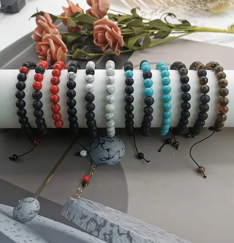 Vista 6 de FINZOR 12 pulseras de cuentas para hombres y mujeres de 0.315in, ojo de tigre, piedra de lava ajustable, aceites esenciales para la ansiedad
