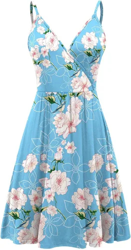 Vista 2 de WEACZZY - Vestido veraniego informal sin mangas para mujer, con vuelo, estampado floral, bolsillos, tirantes delgados y cuello en V